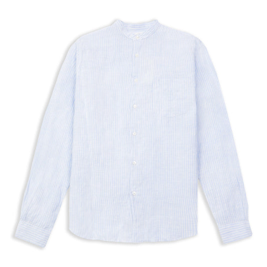 Premium Grandad Collar Linen Shirt - Blue & White